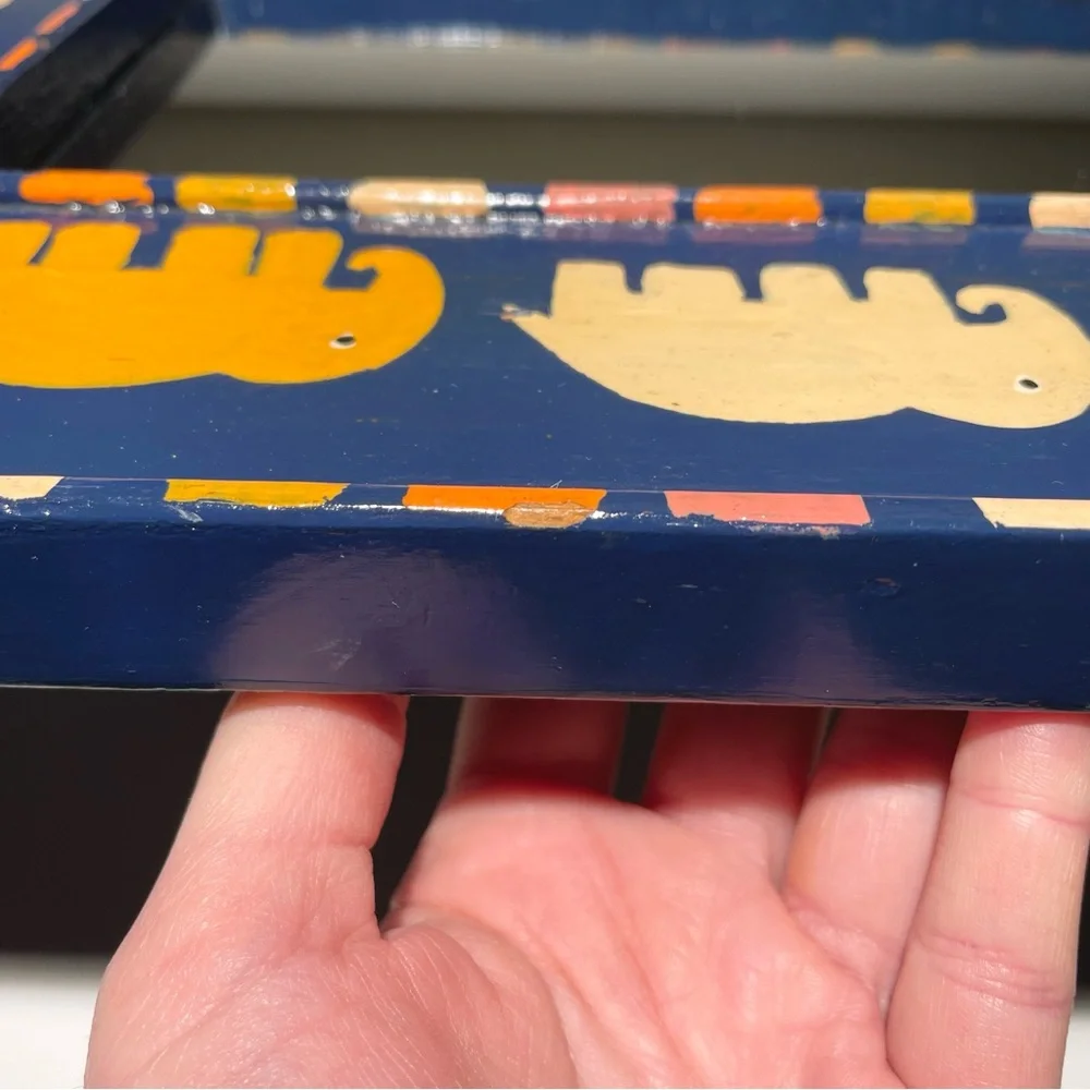 VTG Hand Painted Framed Rectangular Wall Mirror Elephant Motif Blue Orange